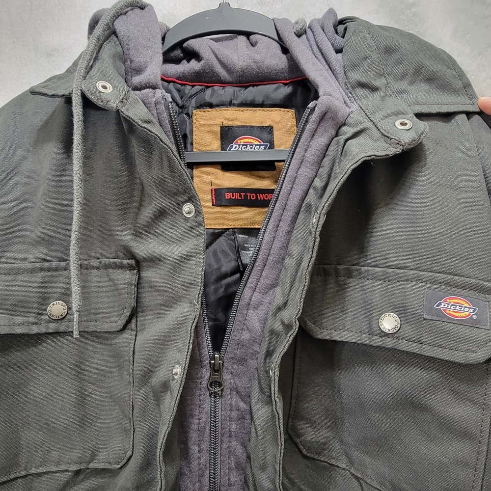 Dickies Jacket Mens Med‎ Gray Hooded Workwear Quilted Lined Utility Pockets